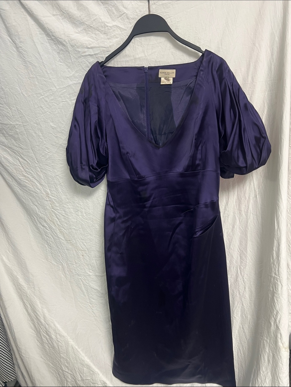 Karen Millen Deep Plum Satin Midi Dress with Puff Sleeves
